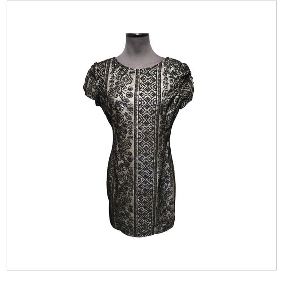 Inspired Hearts Gold and Black Mini Sheath Dress with Puff Sleeves - Picture 1 of 5